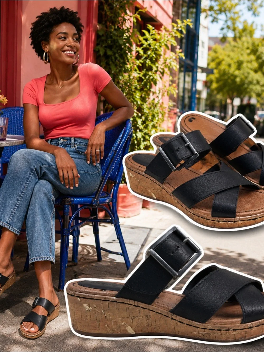 BOC Born Concept Wedge Sandals Womens 8M Black Criss Cross Buckle Cork Look